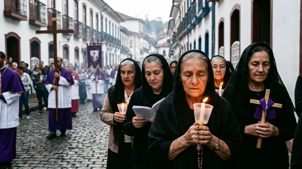 Devout women holding lit candles and praying during a traditional Holy Week in Brazil procession on a cobblestone street.