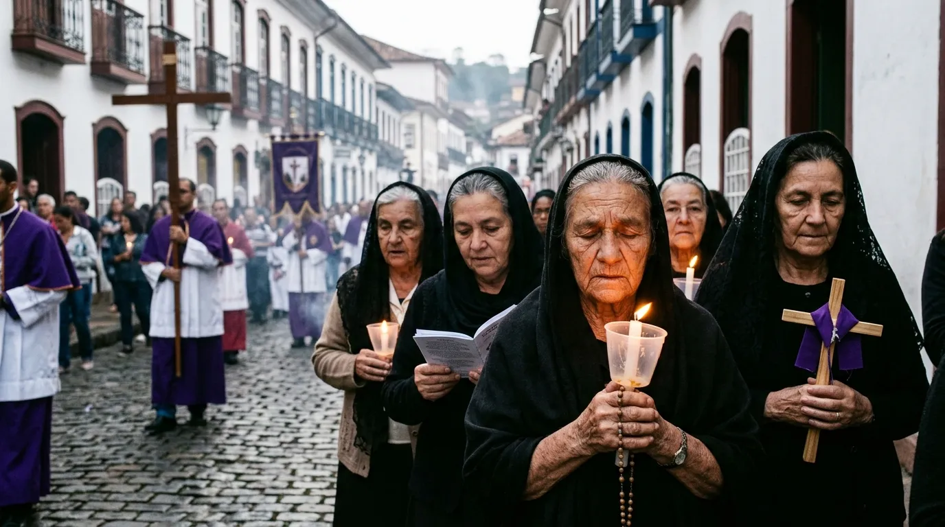 Devout women holding lit candles and praying during a traditional Holy Week in Brazil procession on a cobblestone street.